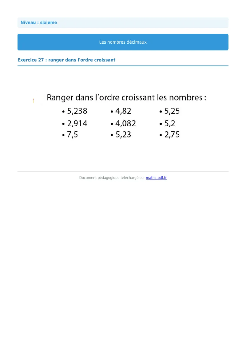 Les nombres décimaux : exercice n°27 de maths en 6ème corrigé en PDF