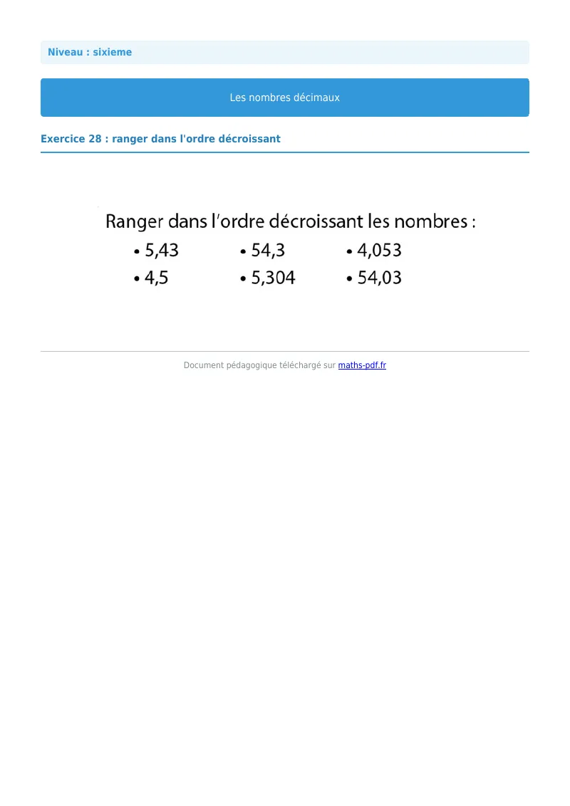 Les nombres décimaux : exercice n°28 de maths en 6ème corrigé en PDF