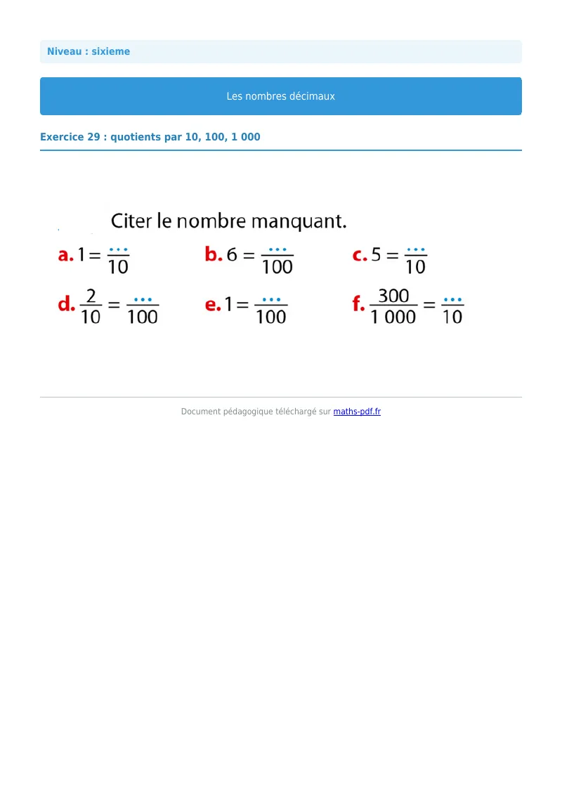 Les nombres décimaux : exercice n°29 de maths en 6ème corrigé en PDF
