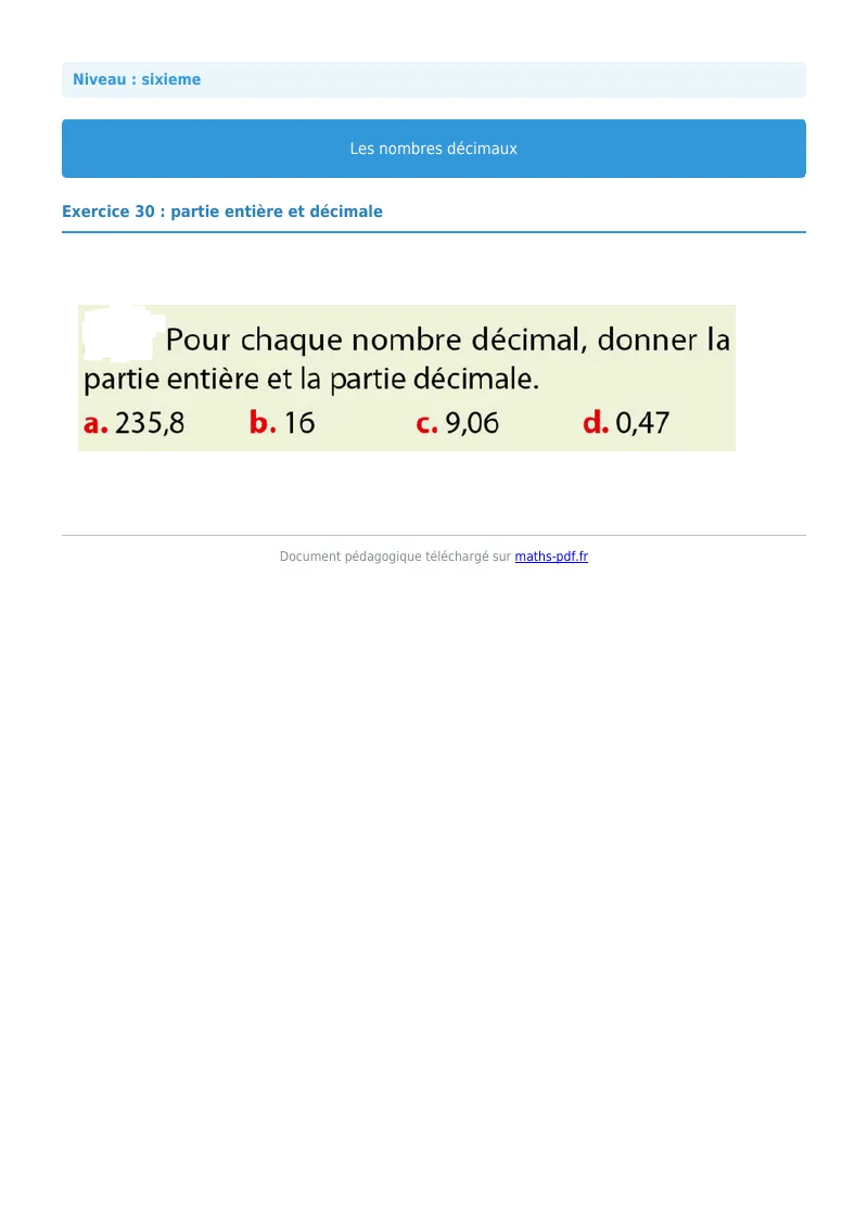 Les nombres décimaux : exercice n°30 de maths en 6ème corrigé en PDF