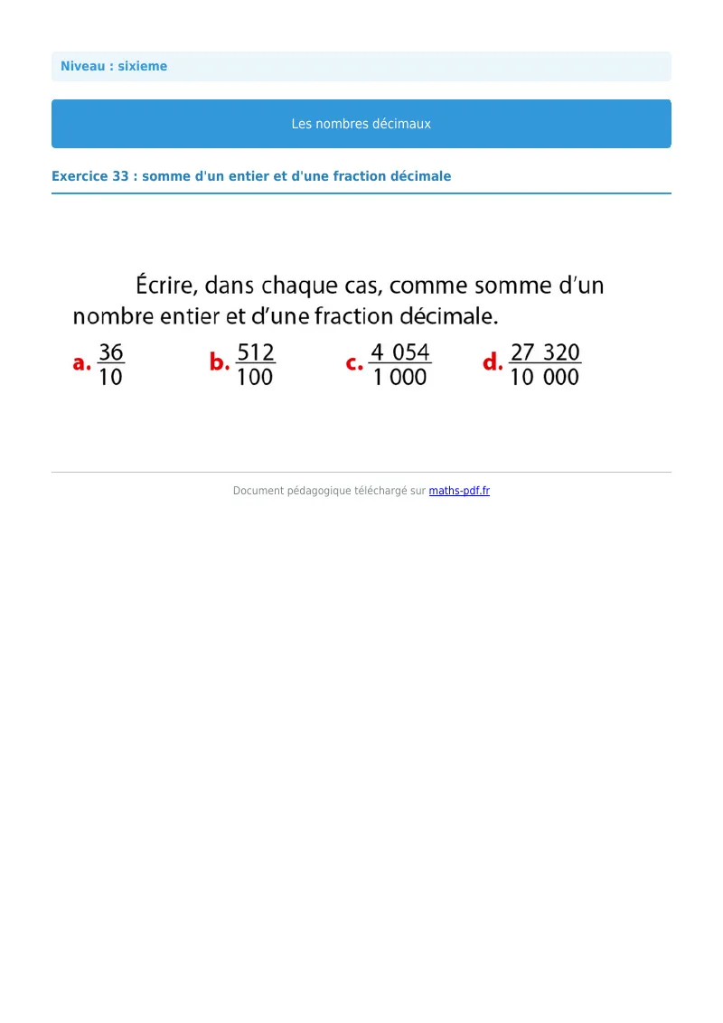 Les nombres décimaux : exercice n°33 de maths en 6ème corrigé en PDF