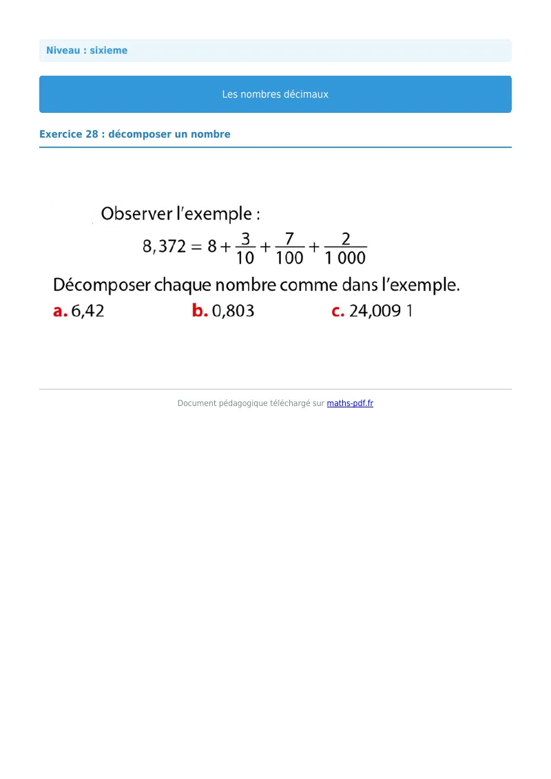 Les nombres décimaux : exercice n°34 de maths en 6ème corrigé en PDF