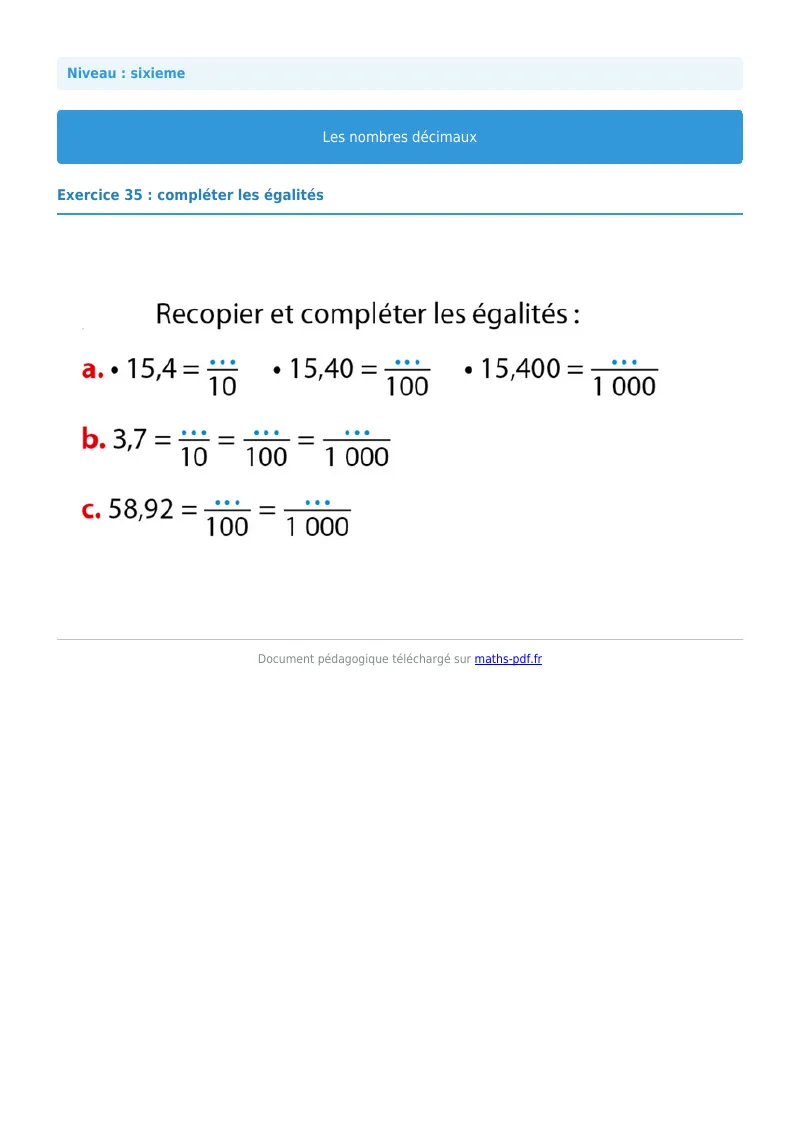 Les nombres décimaux : exercice n°35 de maths en 6ème corrigé en PDF