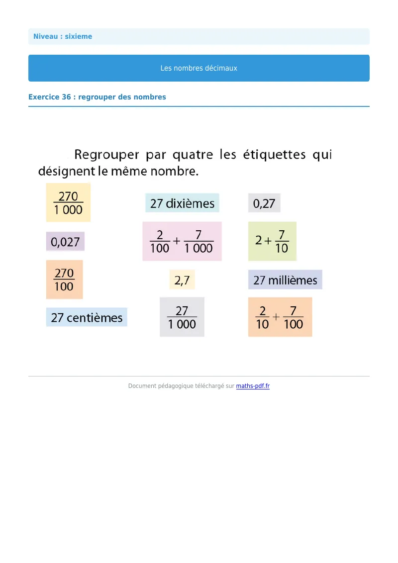 Les nombres décimaux : exercice n°36 de maths en 6ème corrigé en PDF