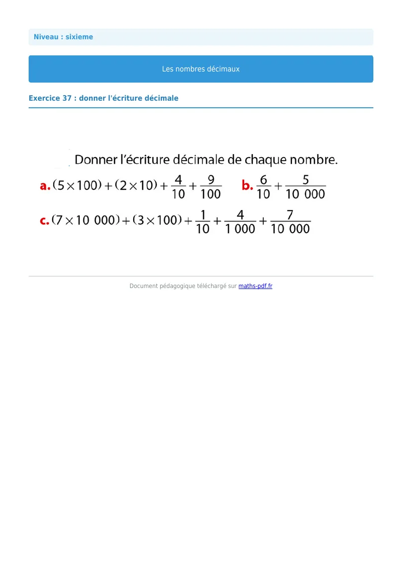 Les nombres décimaux : exercice n°37 de maths en 6ème corrigé en PDF