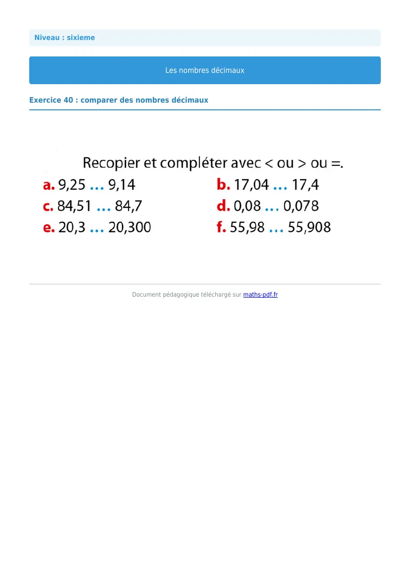 Les nombres décimaux : exercice n°40 de maths en 6ème corrigé en PDF