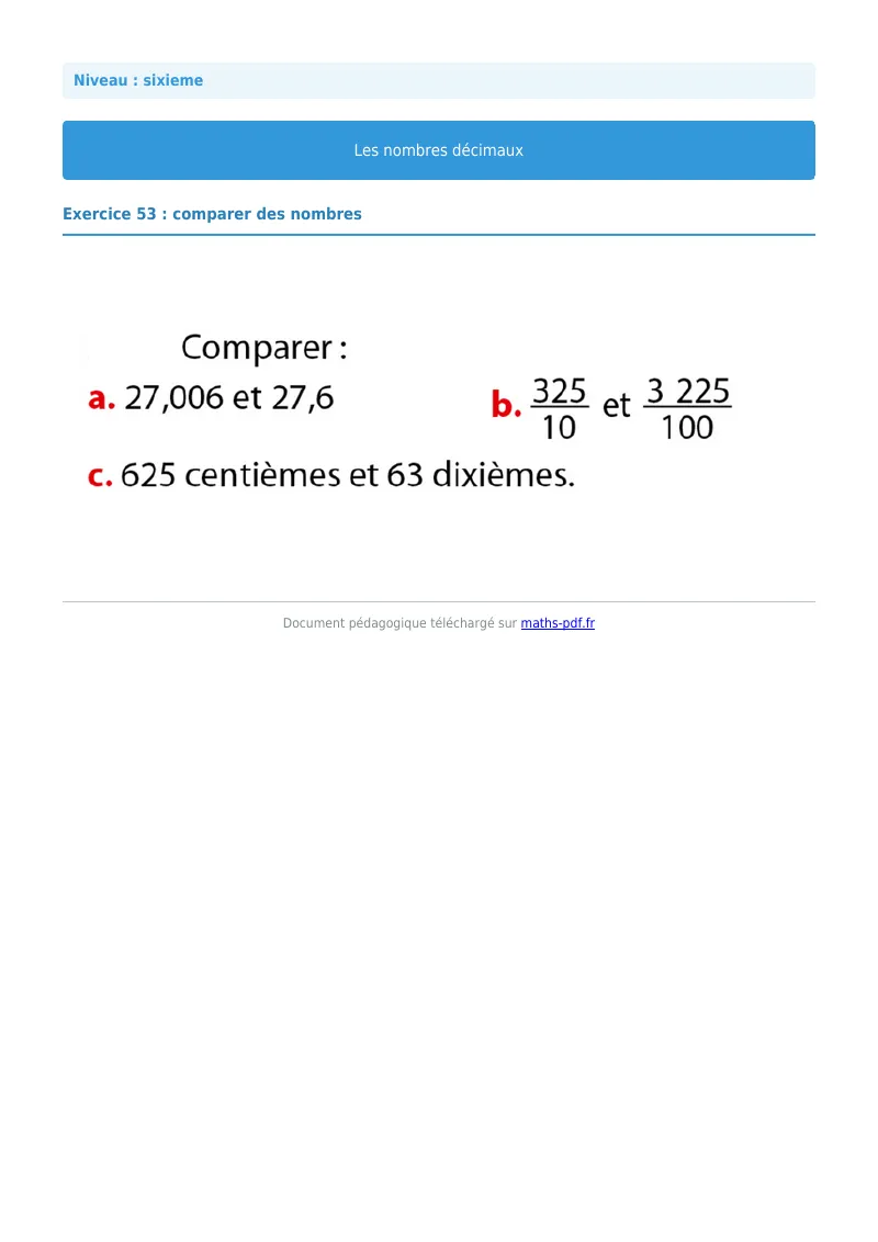 Les nombres décimaux : exercice n°41 de maths en 6ème corrigé en PDF