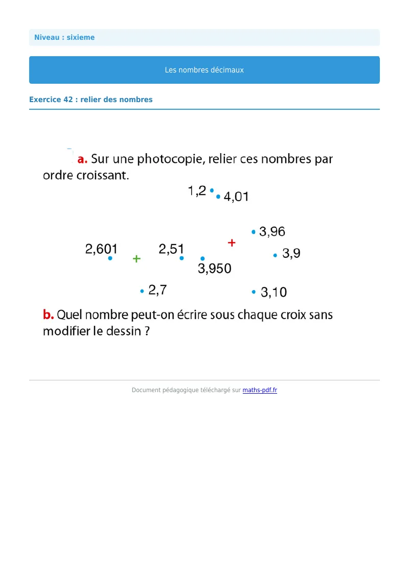 Les nombres décimaux : exercice n°42 de maths en 6ème corrigé en PDF