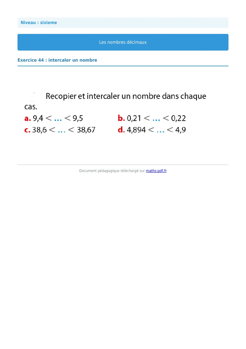 Les nombres décimaux : exercice n°44 de maths en 6ème corrigé en PDF