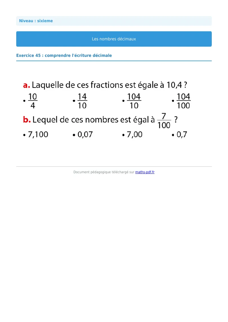 Les nombres décimaux : exercice n°45 de maths en 6ème corrigé en PDF