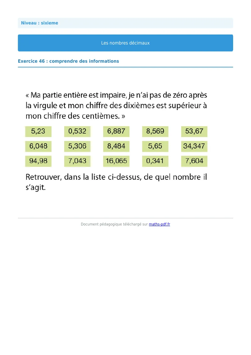 Les nombres décimaux : exercice n°46 de maths en 6ème corrigé en PDF