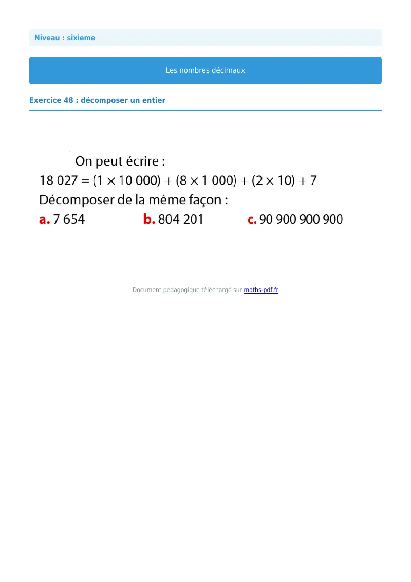Les nombres décimaux : exercice n°48 de maths en 6ème corrigé en PDF