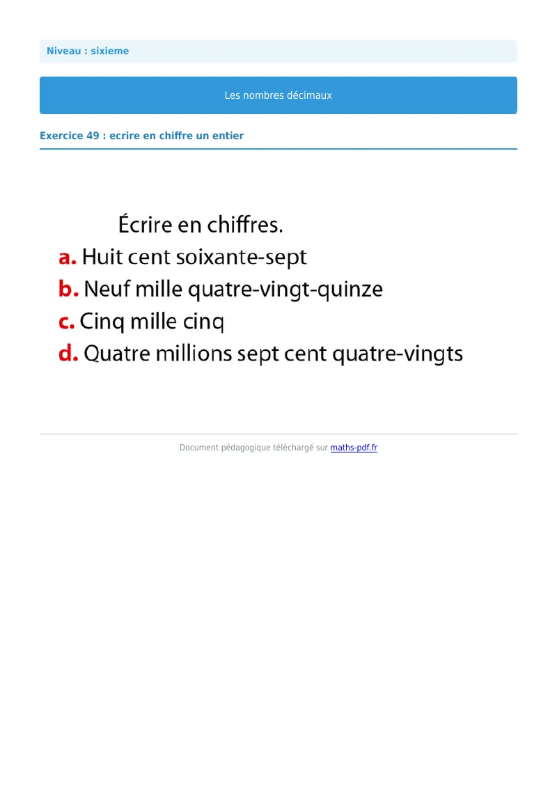 Les nombres décimaux : exercice n°49 de maths en 6ème corrigé en PDF