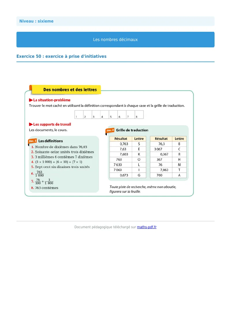 Les nombres décimaux : exercice n°50 de maths en 6ème corrigé en PDF
