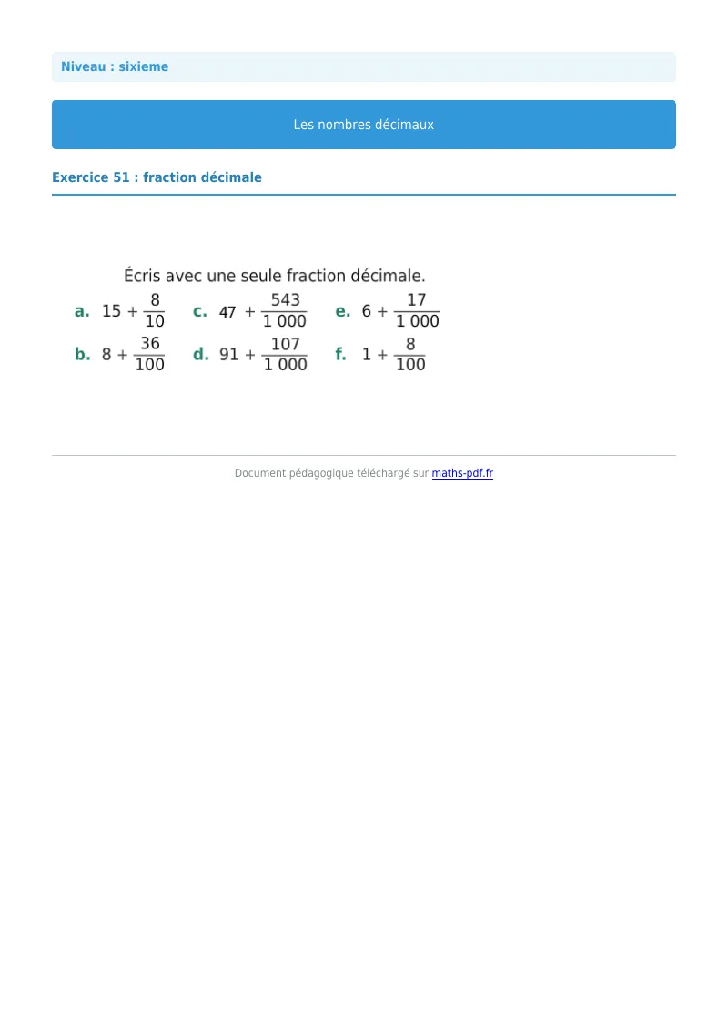 Les nombres décimaux : exercice n°51 de maths en 6ème corrigé en PDF