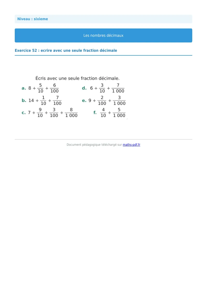 Les nombres décimaux : exercice n°52 de maths en 6ème corrigé en PDF