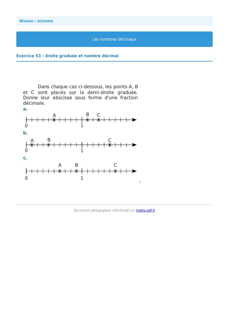 Les nombres décimaux : exercice n°53 de maths en 6ème corrigé en PDF