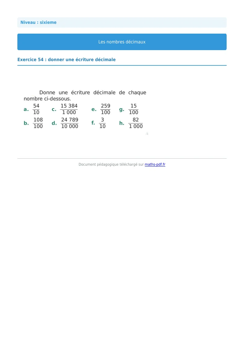 Les nombres décimaux : exercice n°54 de maths en 6ème corrigé en PDF