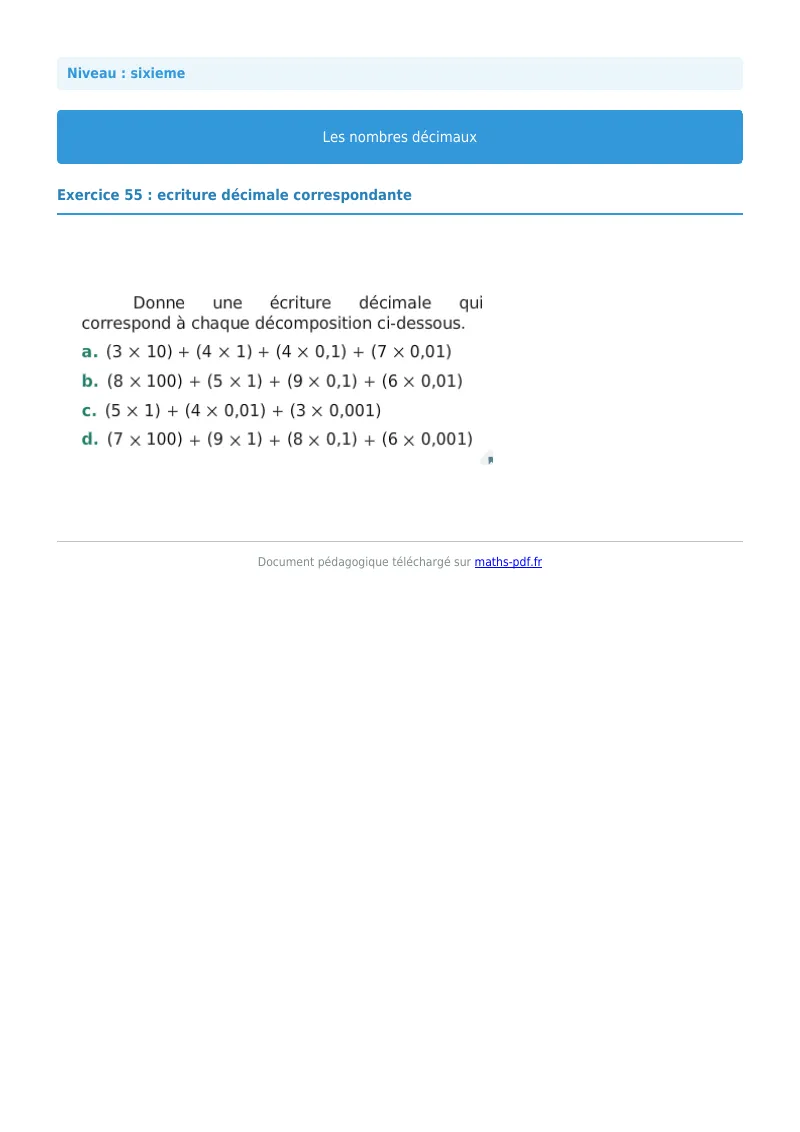 Les nombres décimaux : exercice n°55 de maths en 6ème corrigé en PDF