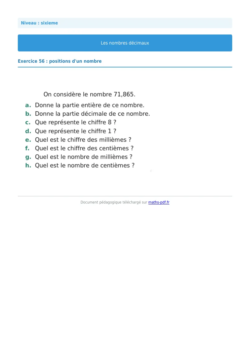 Les nombres décimaux : exercice n°56 de maths en 6ème corrigé en PDF