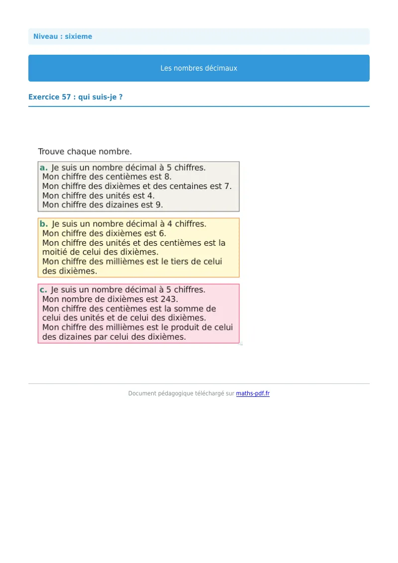 Les nombres décimaux : exercice n°57 de maths en 6ème corrigé en PDF