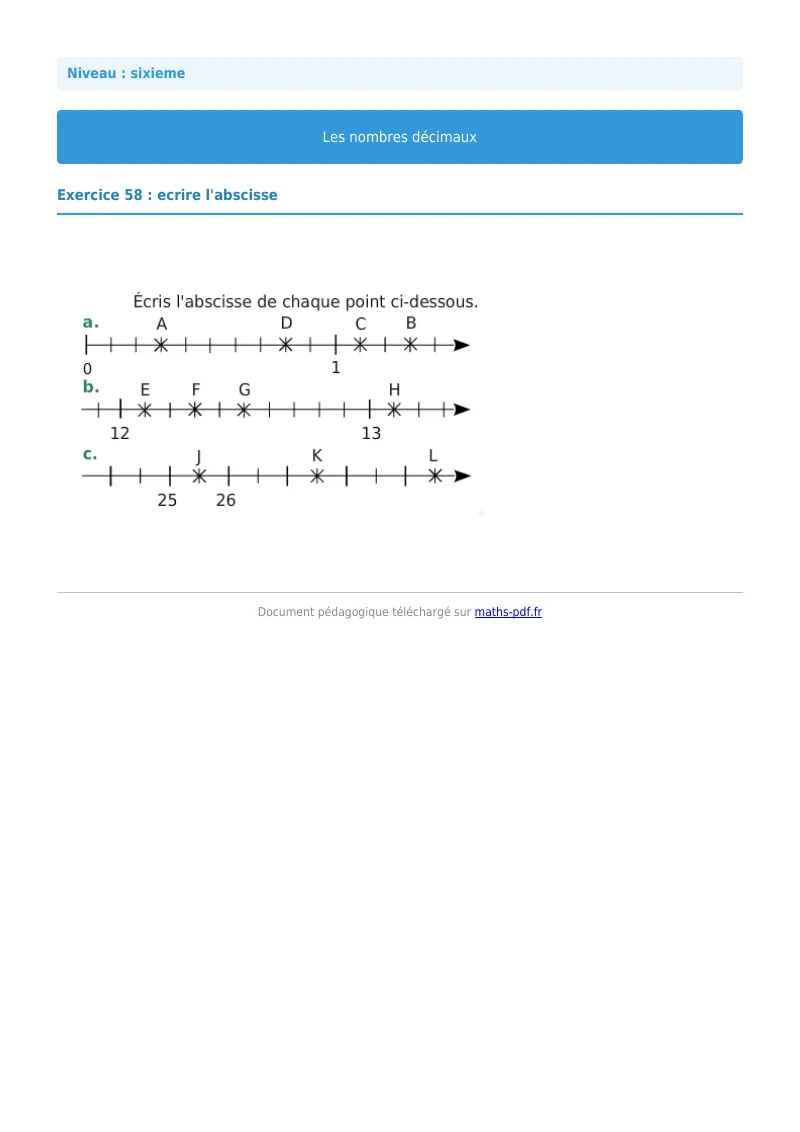 Les nombres décimaux : exercice n°58 de maths en 6ème corrigé en PDF