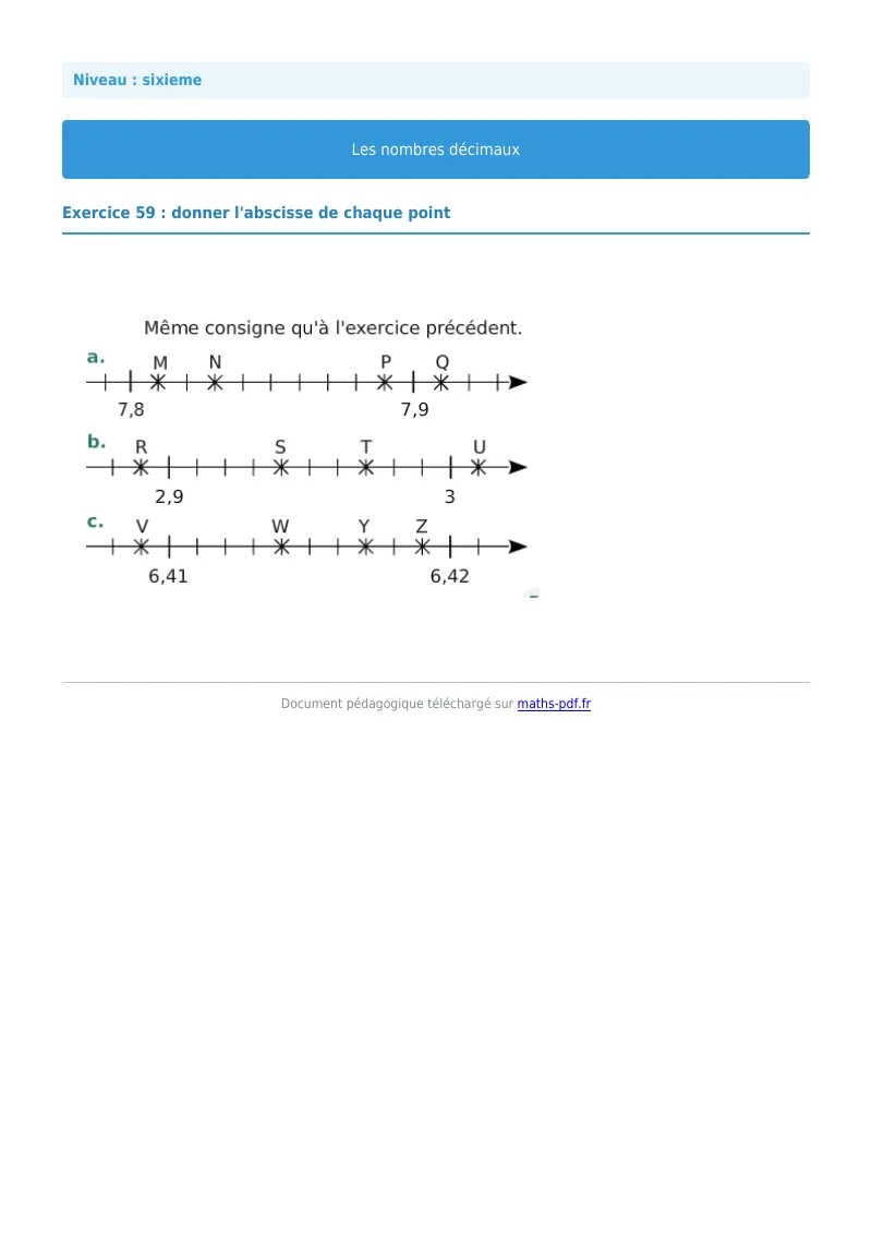 Les nombres décimaux : exercice n°59 de maths en 6ème corrigé en PDF