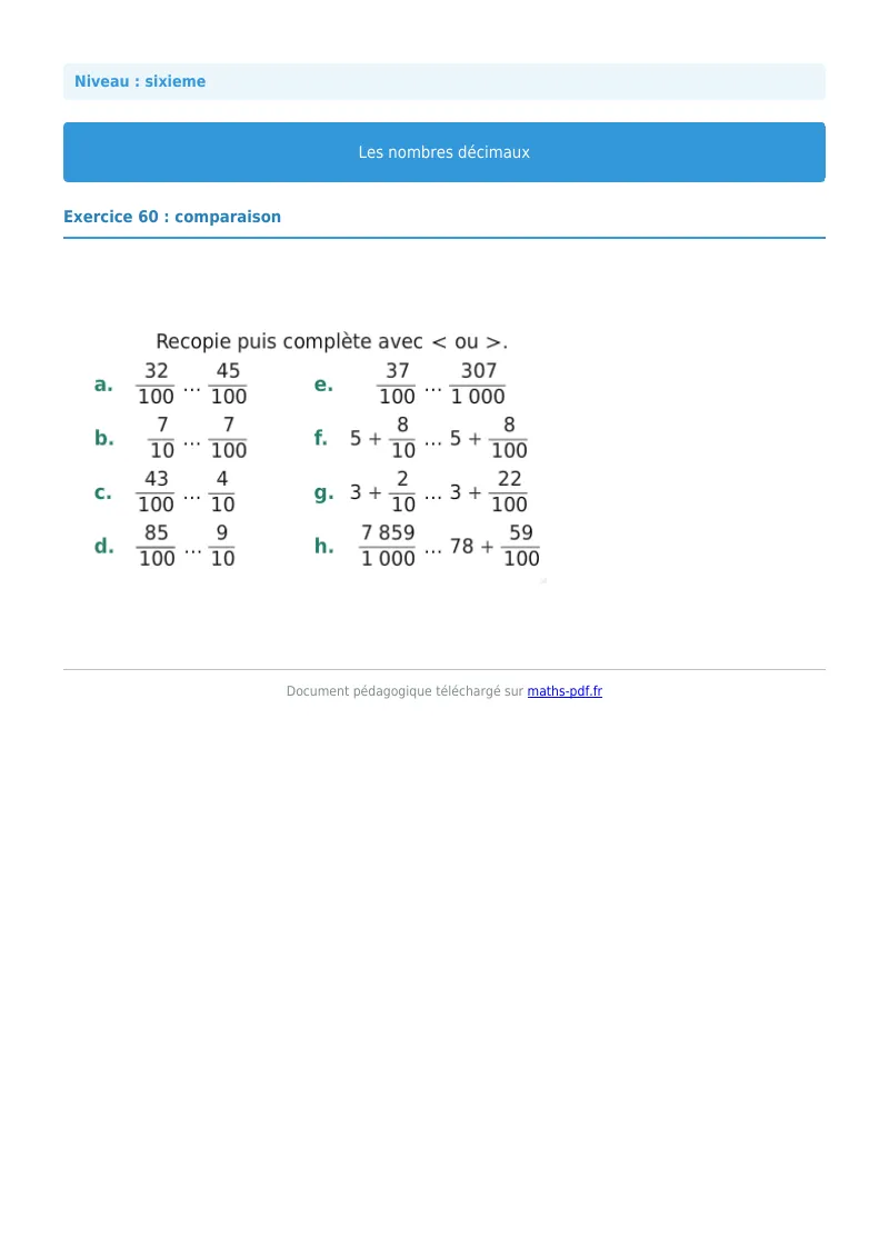 Les nombres décimaux : exercice n°60 de maths en 6ème corrigé en PDF