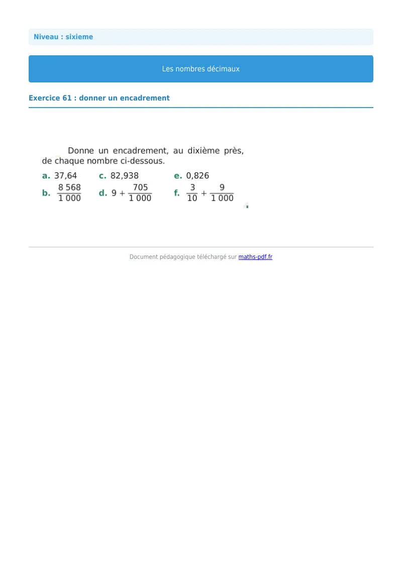 Les nombres décimaux : exercice n°61 de maths en 6ème corrigé en PDF