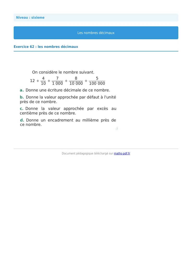 Les nombres décimaux : exercice n°62 de maths en 6ème corrigé en PDF