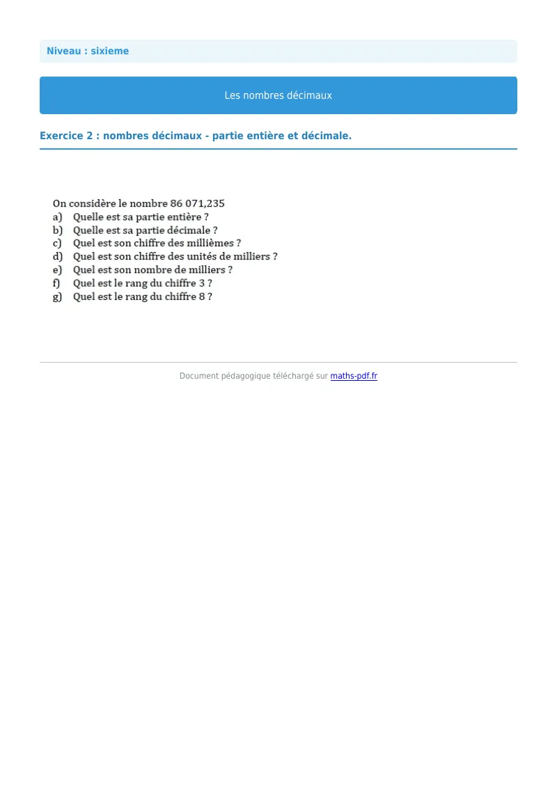 Les nombres décimaux : exercice n°2 de maths en 6ème corrigé en PDF