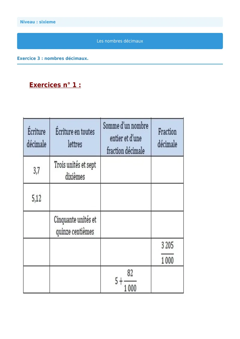 Les nombres décimaux : exercice n°3 de maths en 6ème corrigé en PDF