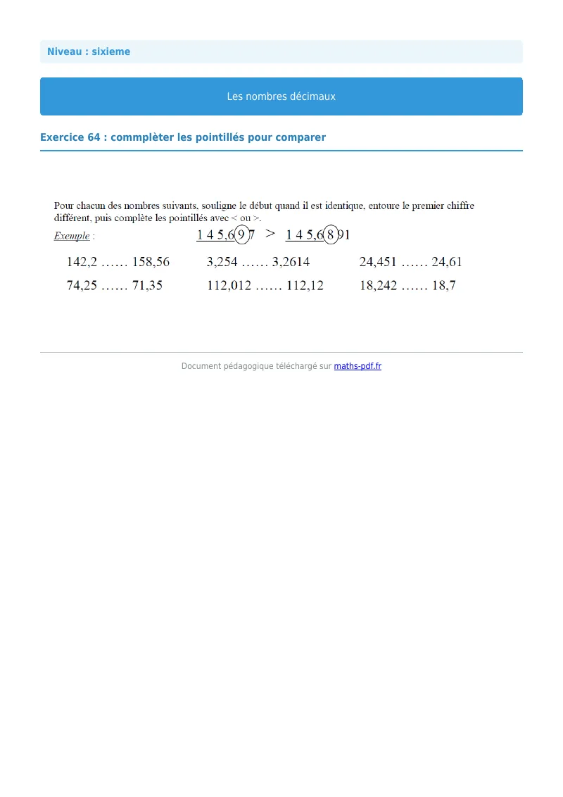 Les nombres décimaux : exercice n°64 de maths en 6ème corrigé en PDF