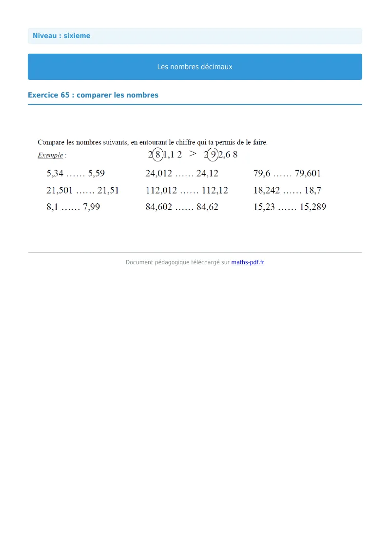 Les nombres décimaux : exercice n°65 de maths en 6ème corrigé en PDF