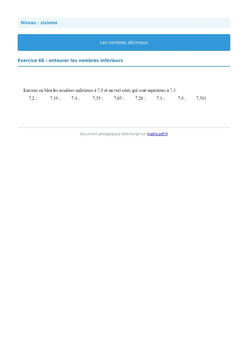 Les nombres décimaux : exercice n°66 de maths en 6ème corrigé en PDF
