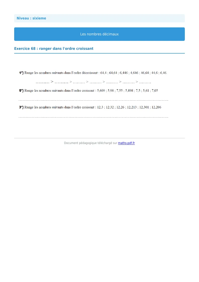 Les nombres décimaux : exercice n°68 de maths en 6ème corrigé en PDF