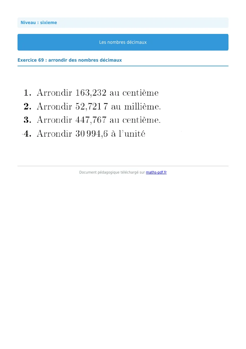 Les nombres décimaux : exercice n°69 de maths en 6ème corrigé en PDF