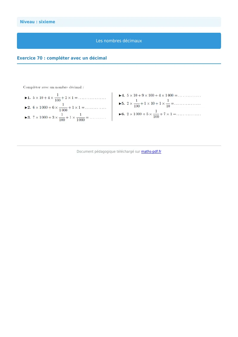 Les nombres décimaux : exercice n°70 de maths en 6ème corrigé en PDF