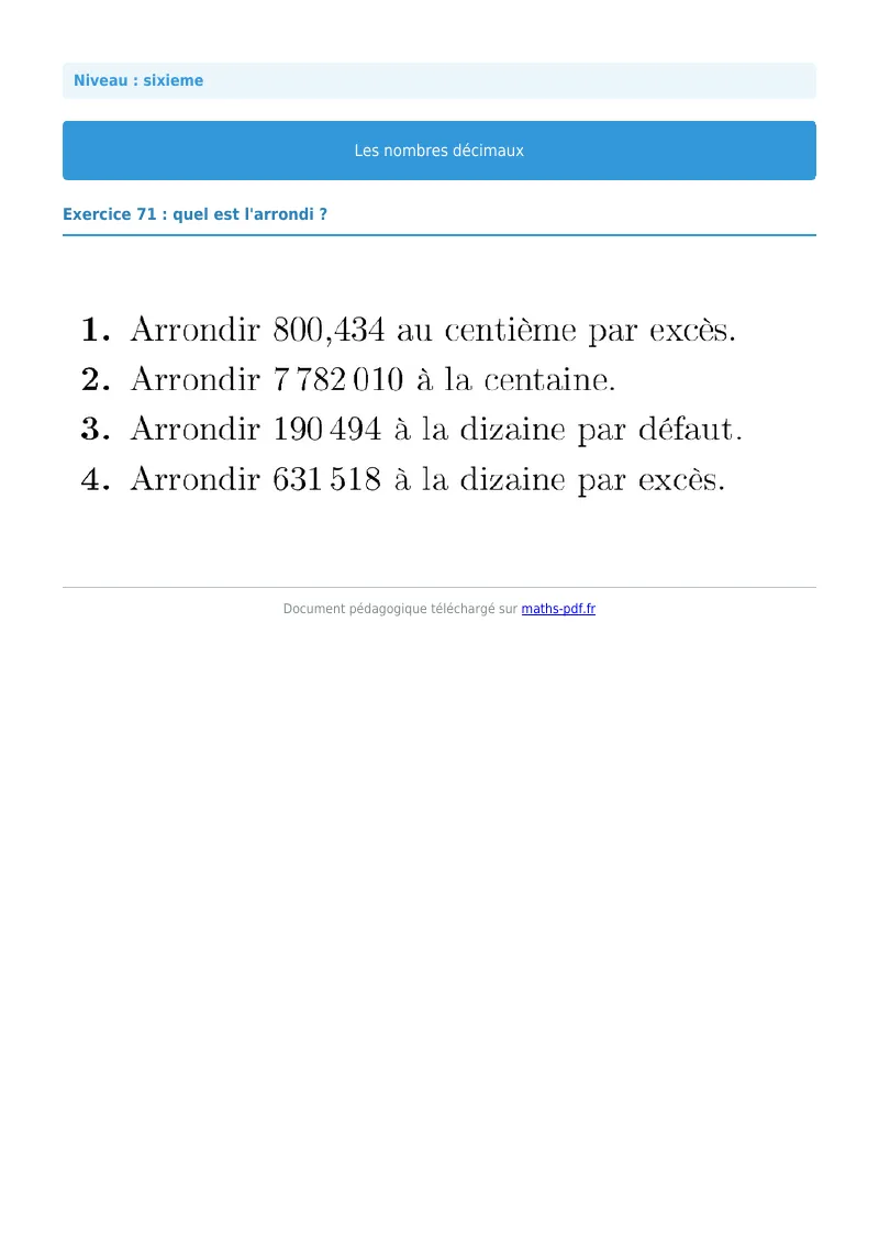 Les nombres décimaux : exercice n°71 de maths en 6ème corrigé en PDF