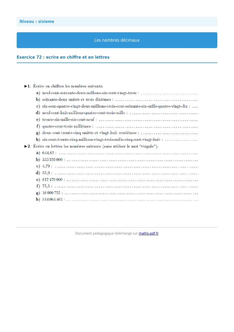 Les nombres décimaux : exercice n°72 de maths en 6ème corrigé en PDF