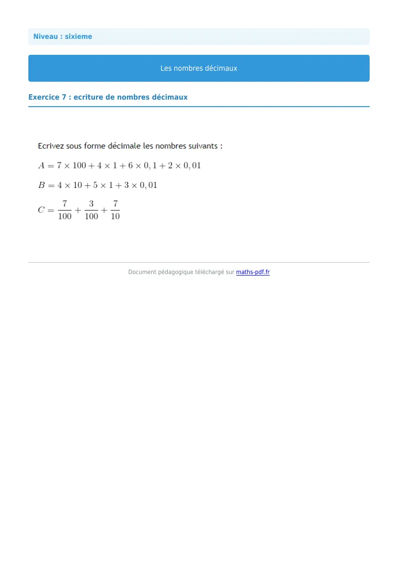 Les nombres décimaux : exercice n°7 de maths en 6ème corrigé en PDF