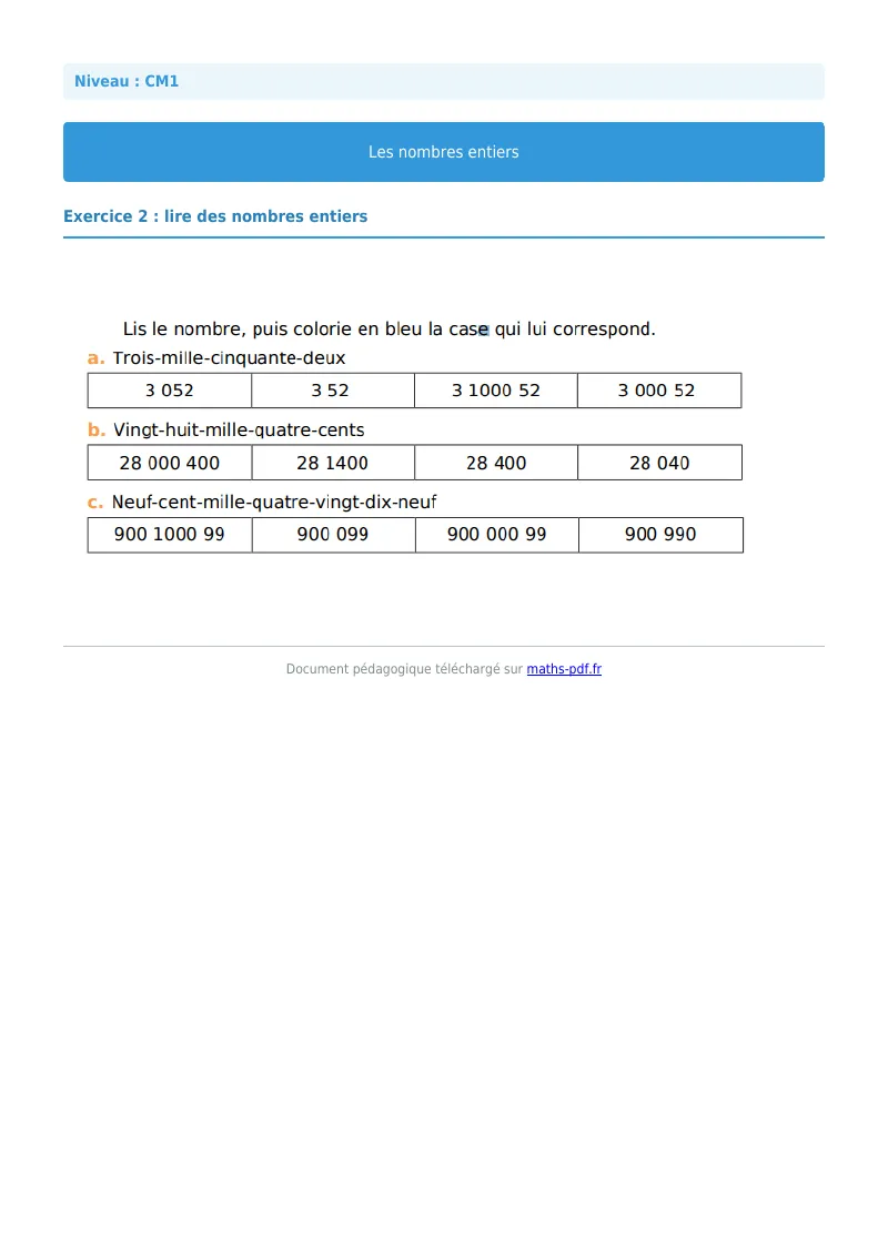 Les nombres entiers : exercice n°2 de maths en CM1 corrigé en PDF