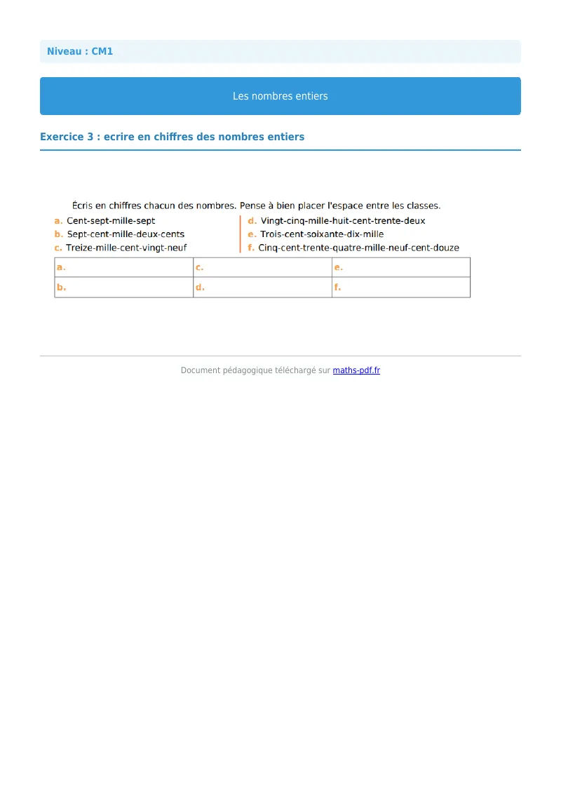 Les nombres entiers : exercice n°3 de maths en CM1 corrigé en PDF