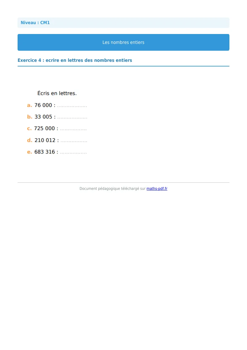 Les nombres entiers : exercice n°4 de maths en CM1 corrigé en PDF