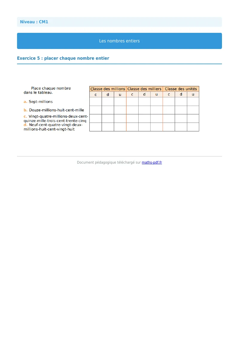 Les nombres entiers : exercice n°5 de maths en CM1 corrigé en PDF