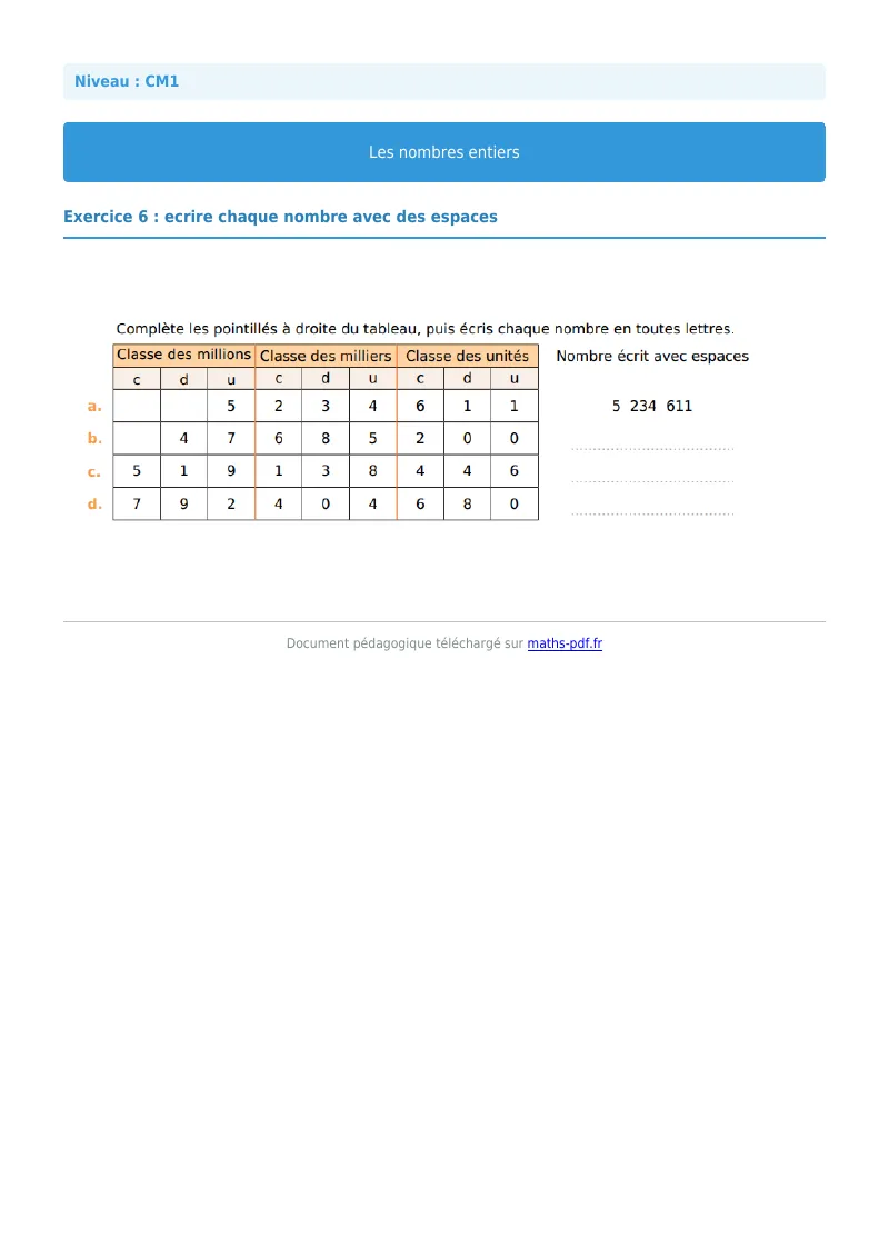 Les nombres entiers : exercice n°6 de maths en CM1 corrigé en PDF