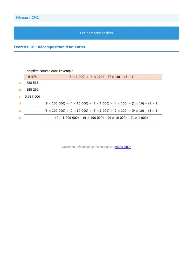 Les nombres entiers : exercice n°10 de maths en CM1 corrigé en PDF