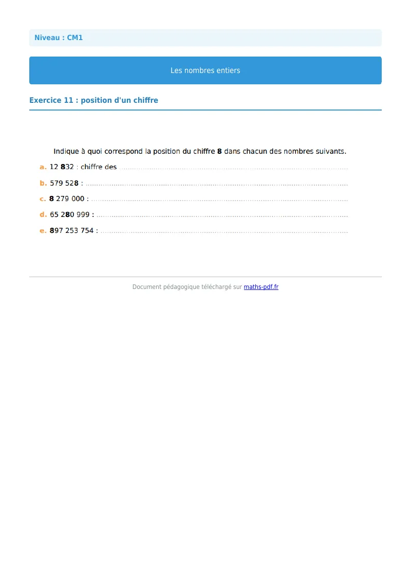 Les nombres entiers : exercice n°11 de maths en CM1 corrigé en PDF