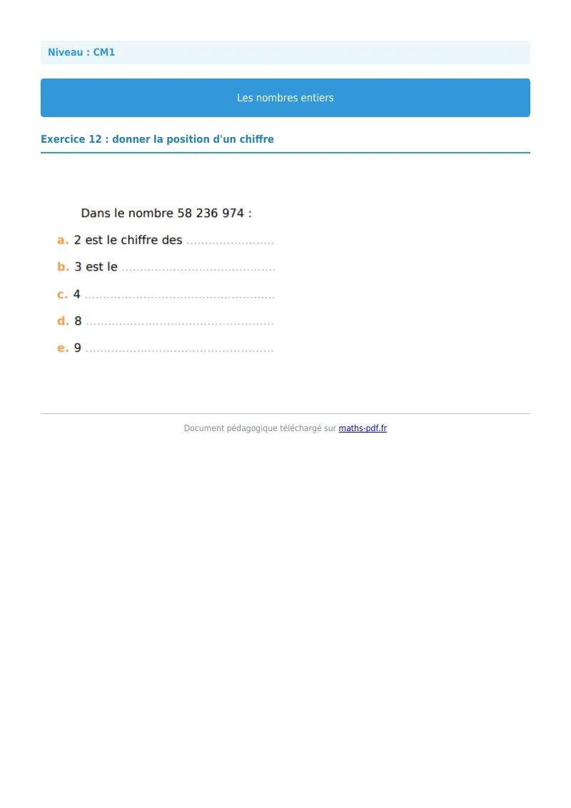 Les nombres entiers : exercice n°12 de maths en CM1 corrigé en PDF
