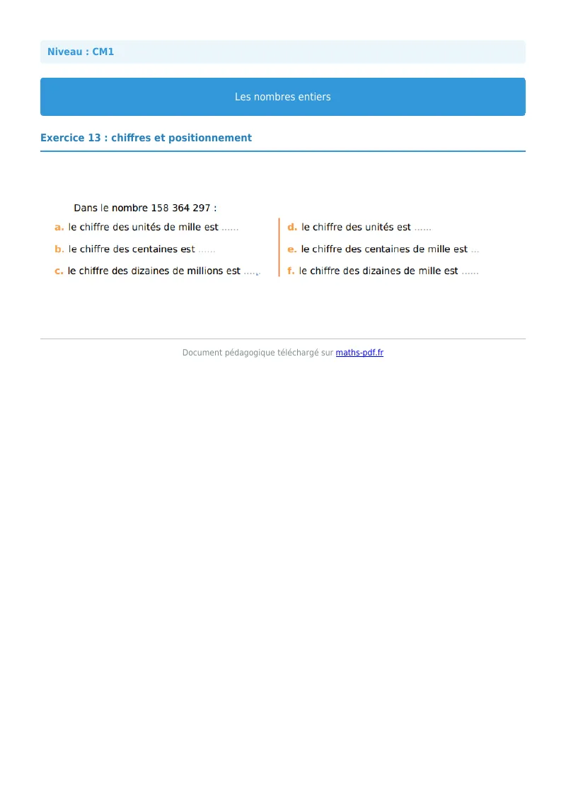 Les nombres entiers : exercice n°13 de maths en CM1 corrigé en PDF